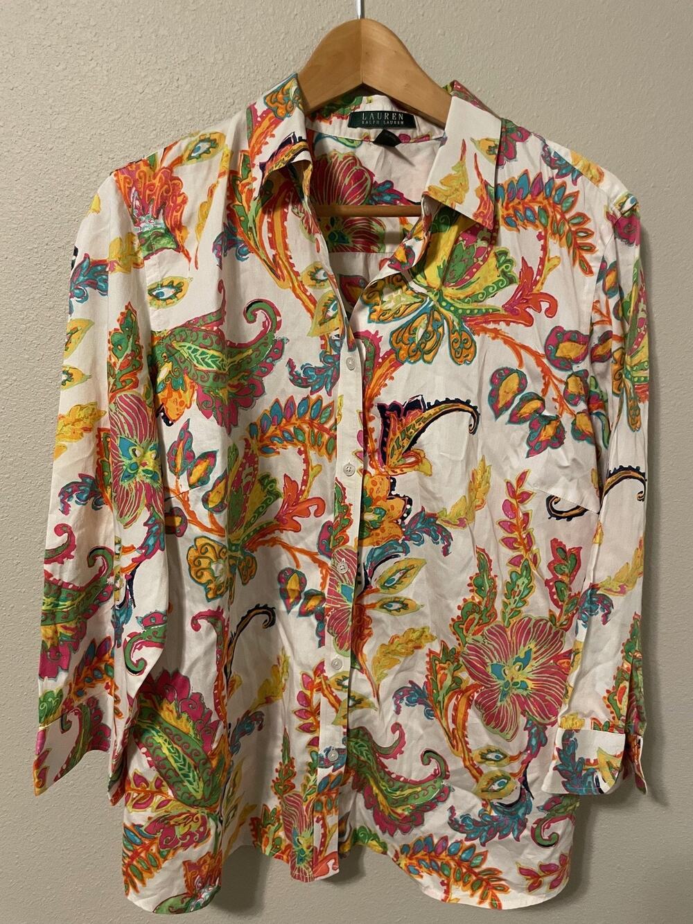 Lauren Ralph Lauren Button Up Tunic Top Womens 1X Multicolor Paisley Floral Boho